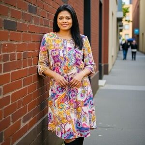 Anthropologie Fig And Flower Multicolor Paisley Print Shirt Dress L